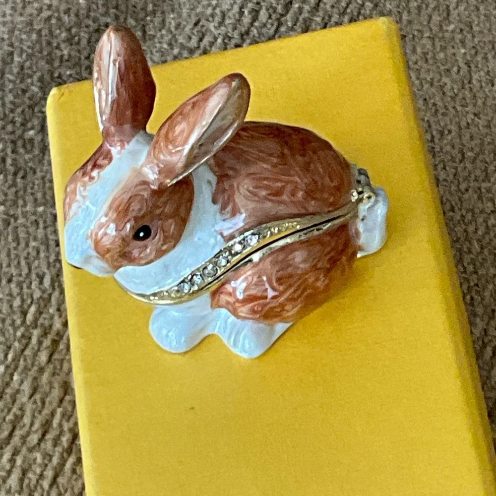 Charming Brown and White Rabbit enamel box with crystals
